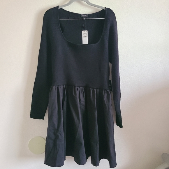 NWT Express Black Ribbed Square Neck Poplin Mini Fit And Flare Dress - Picture 7 of 7